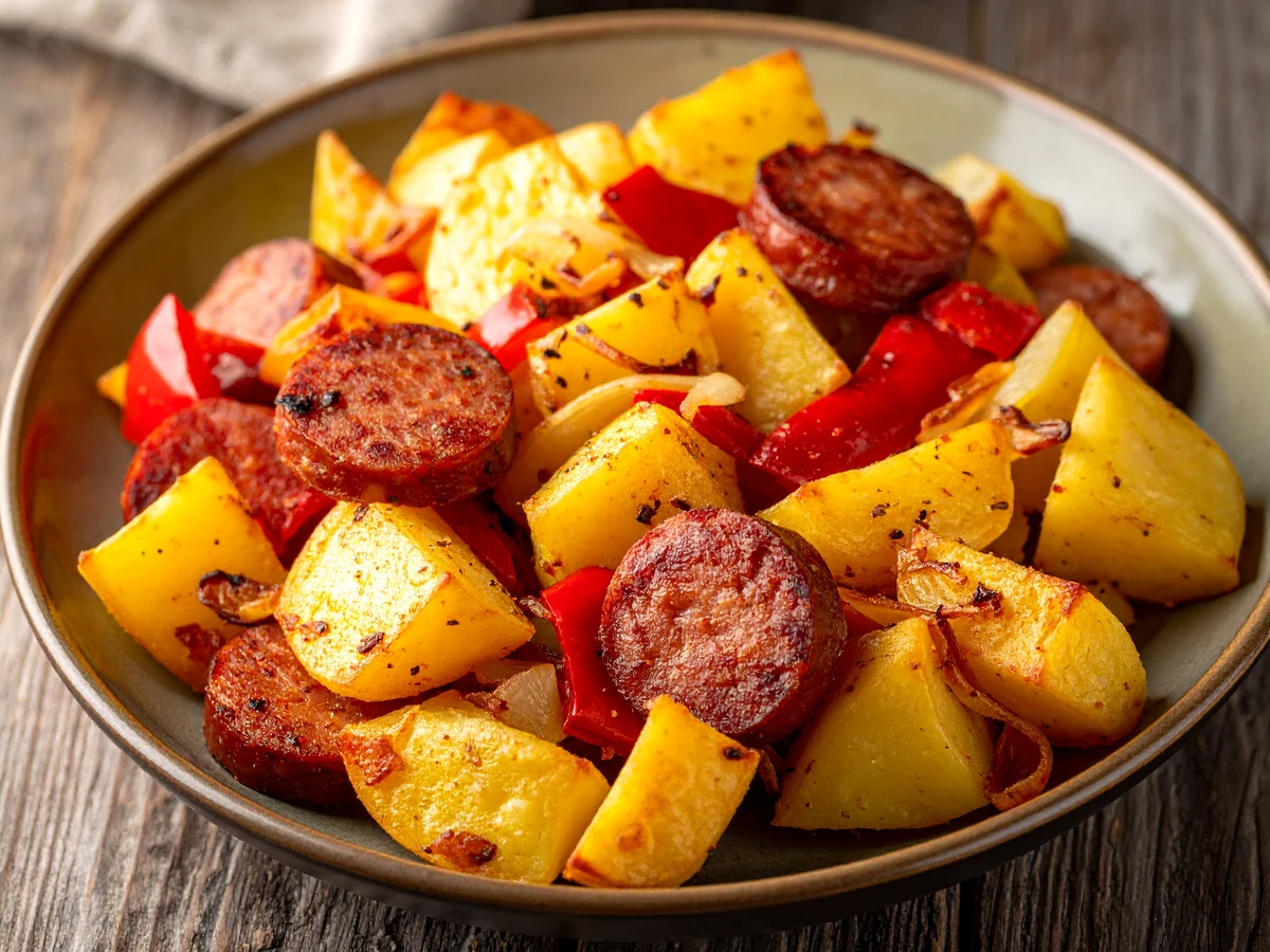 Deftige Bauernpfanne mit Paprika und Mettwürstchen aus dem Airfryer