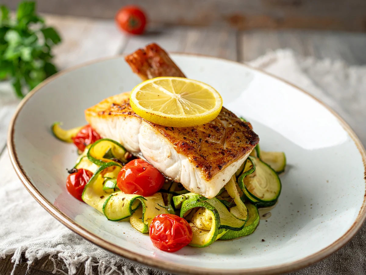 Knuspriger TK-Seelachs mit Zucchini und Kirschtomaten aus dem Airfryer