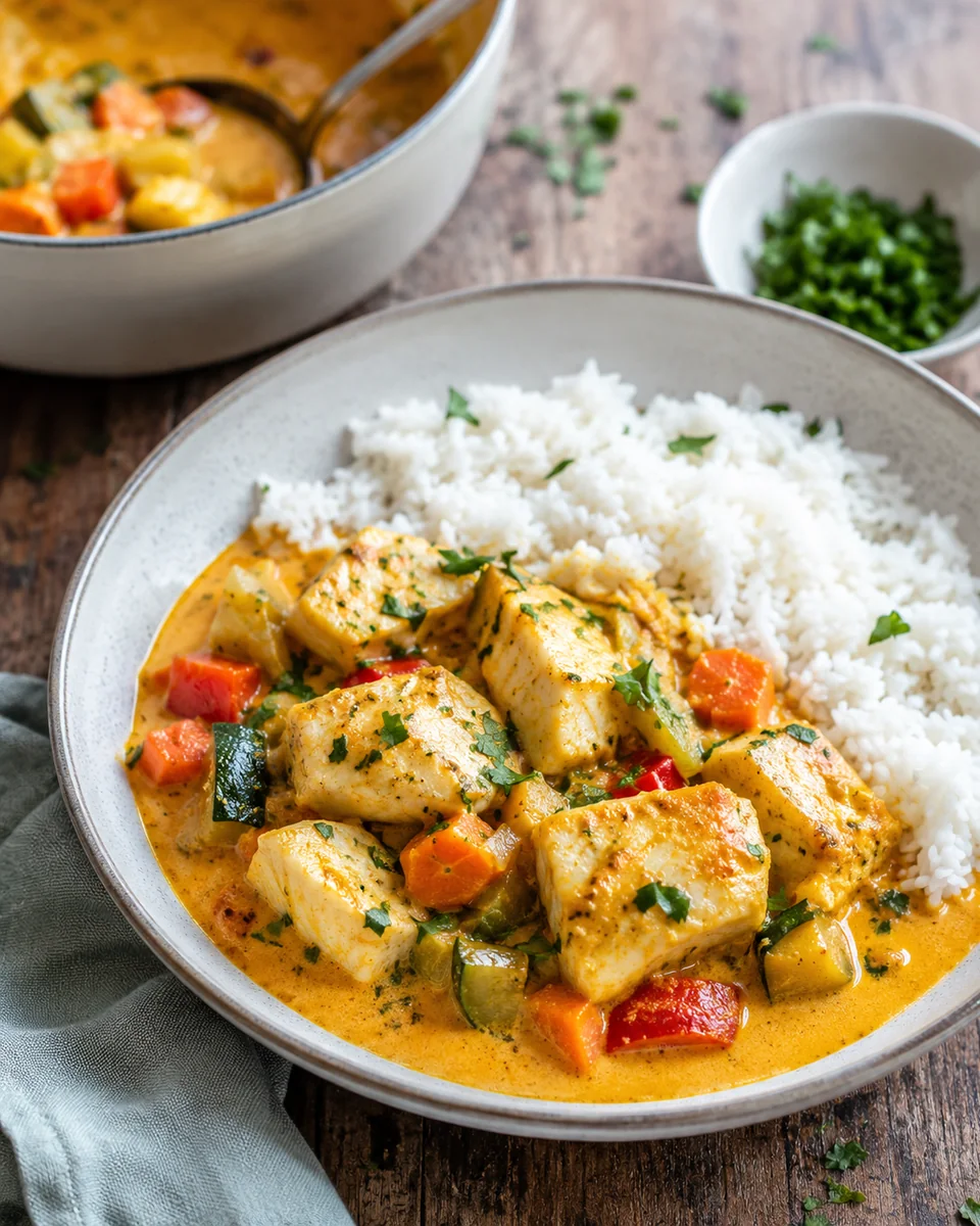 Fischcurry mit Reis und Gemüse