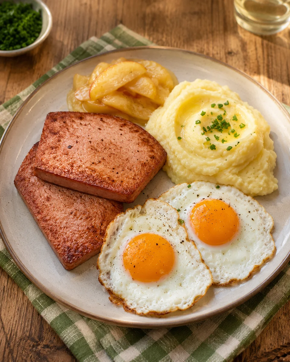 Leberkäse mit Spiegelei und Kartoffelpüree
