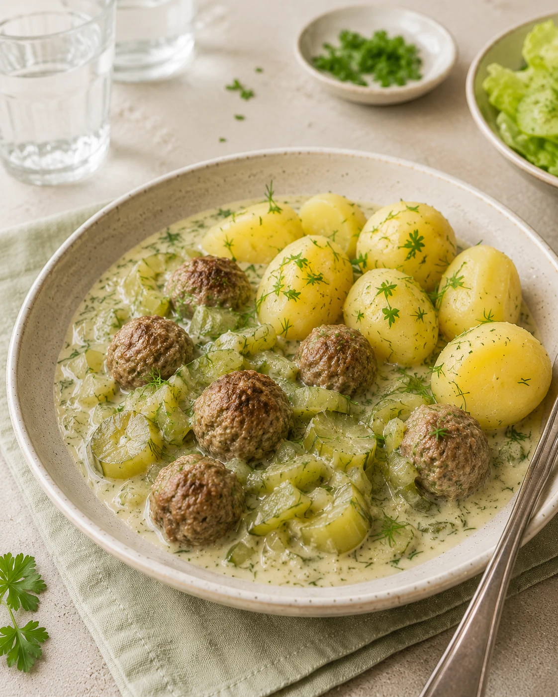 Schmorgurken mit Hackbällchen und Kartoffeln