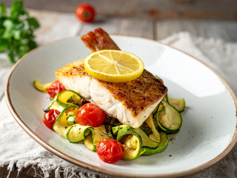 Knuspriger TK-Seelachs mit Zucchini und Kirschtomaten aus dem Airfryer
