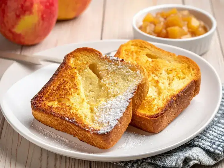 Arme Ritter mit Apfelkompott, goldbraun gebraten und mit Zimt bestreut