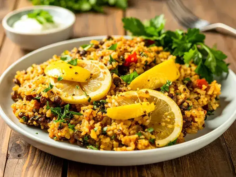 Türkisches Bulgur-Pilav mit Linsen, mit Zitrone und Petersilie angerichtet