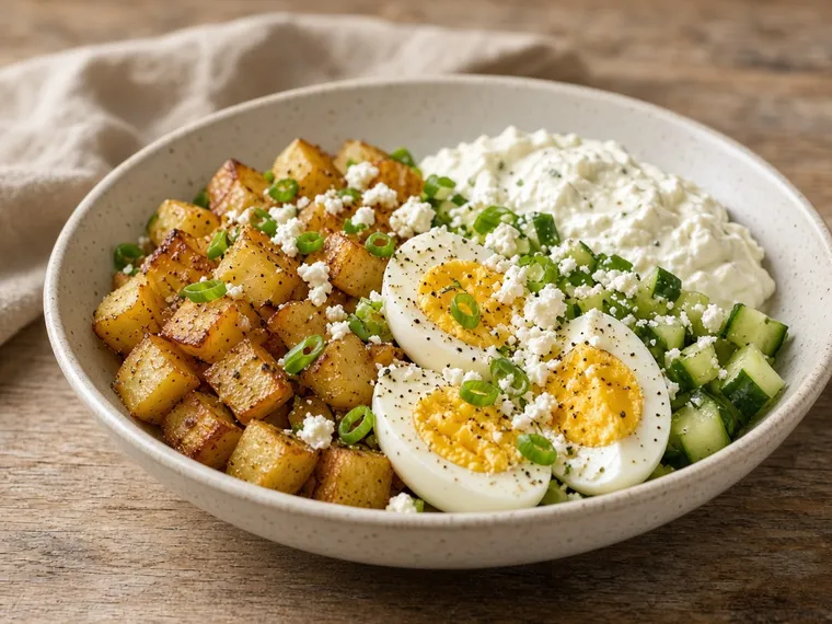 High-Protein-Bowl mit Kartoffeln, Ei, Feta und Quark-Dip